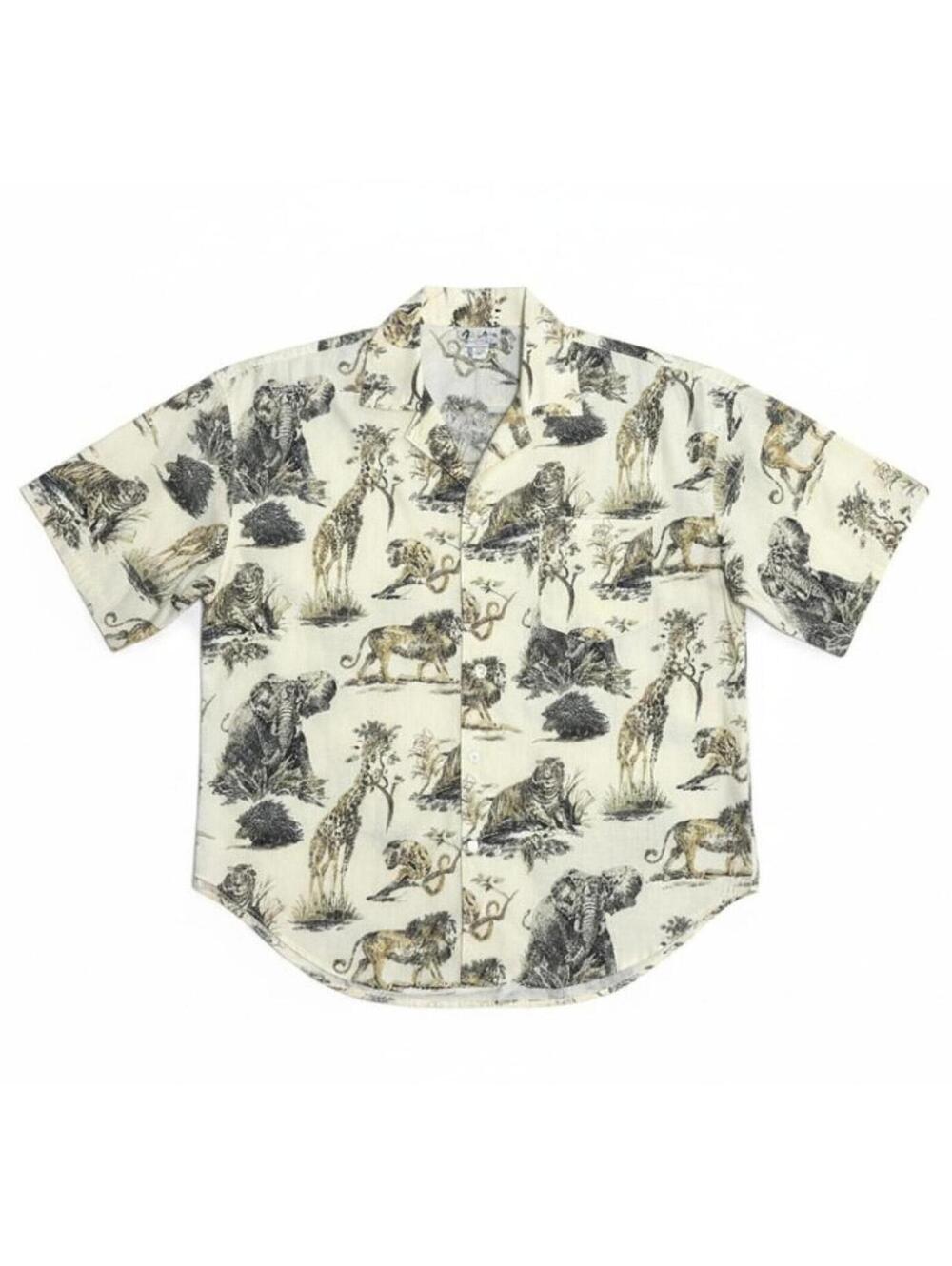Caribou Vintage Safari Animal Print Button Up Shirt Large Beige Graphic Tee